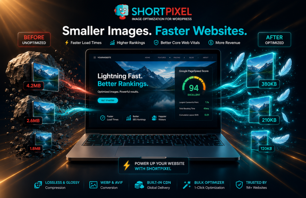 ShortPixel review 2026 — best image optimization plugin to speed up your WordPress website and improve Google PageSpeed scores"
