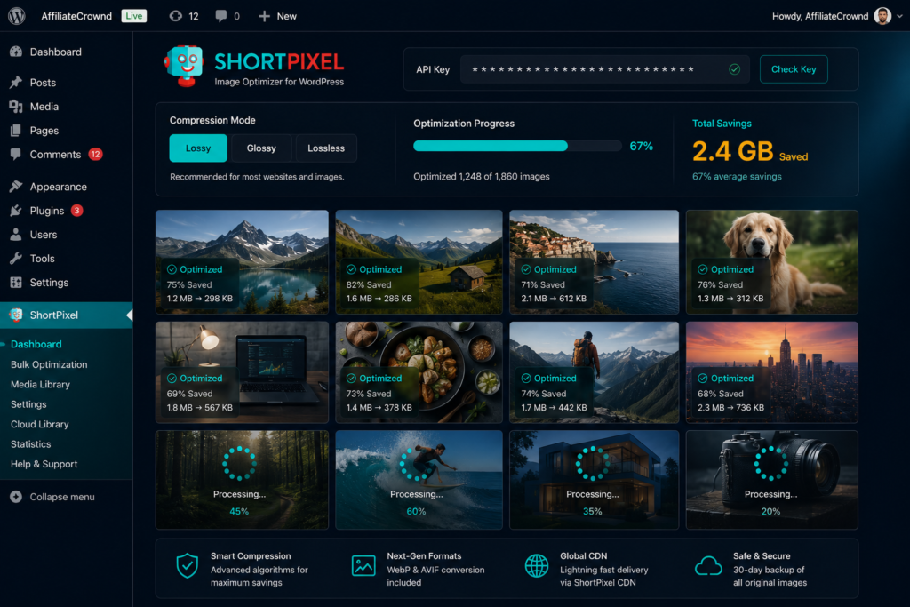 ShortPixel WordPress plugin dashboard showing bulk image optimization in progress with compression mode settings and file size savings counter."
