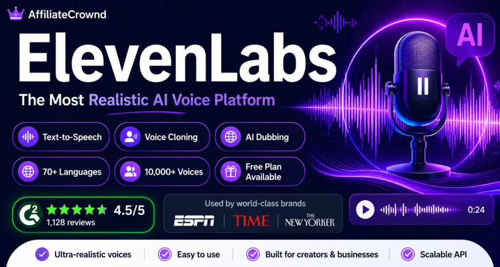 ElevenLabs review 2026 showing AI voice generator features including voice cloning, AI dubbing, text-to-speech, 70+ languages, and pricing overview.