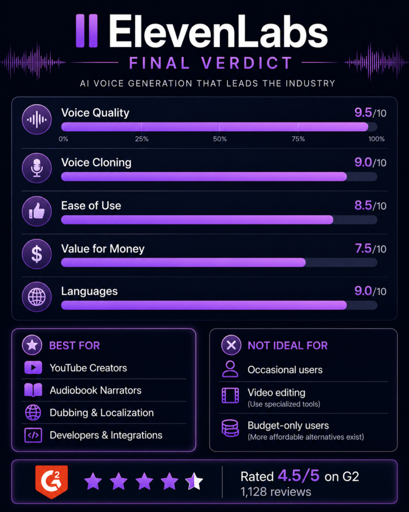 ElevenLabs review scorecard showing ratings for voice quality, voice cloning, ease of use, value for money, and language support in 2026.